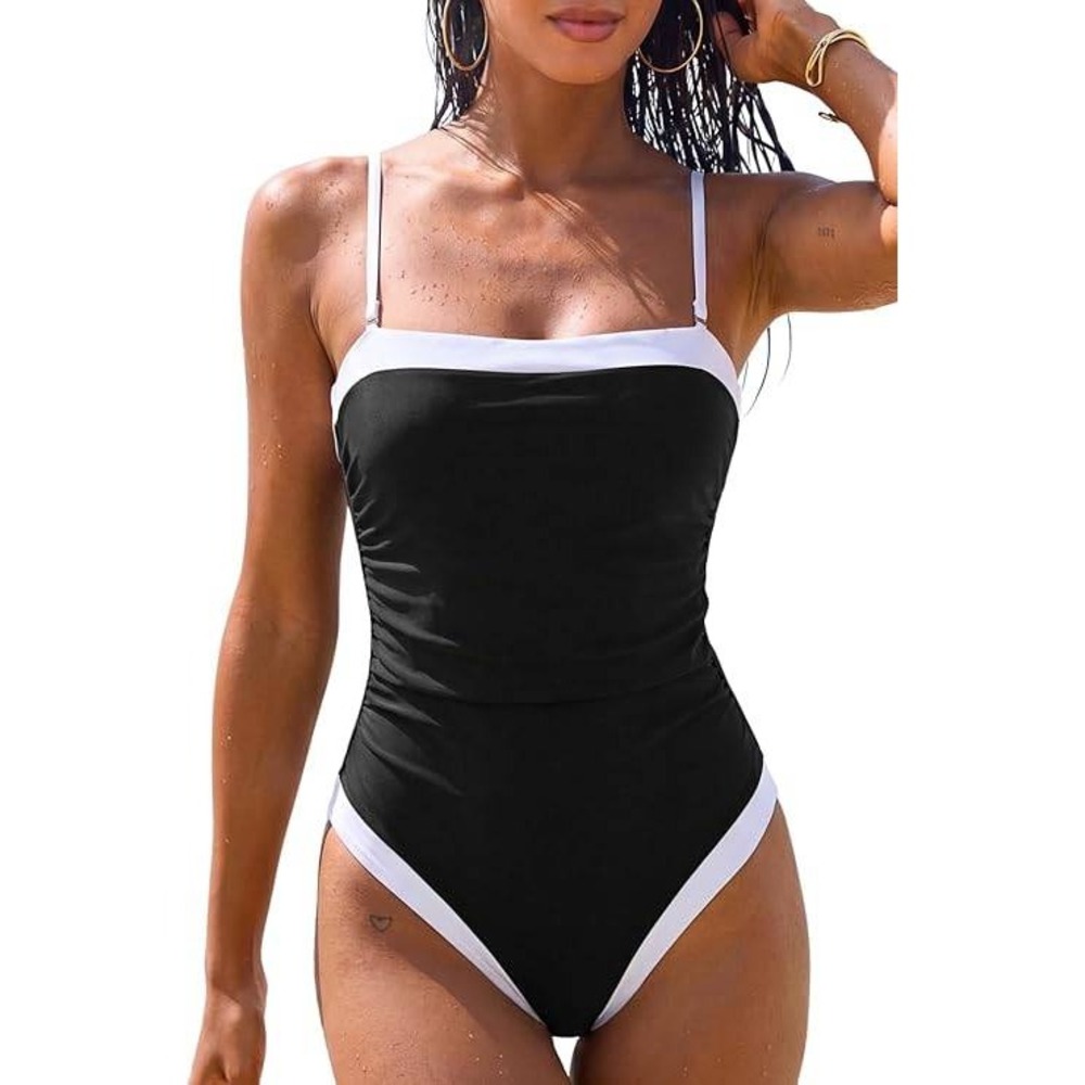 QINSEN Women Black White Colorblock Tummy Control One Piece Swimsuit Size M